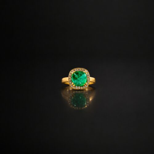 Matte Yellow Gold Prong Setting Zambian Emerald Ring with White Diamond Bezel