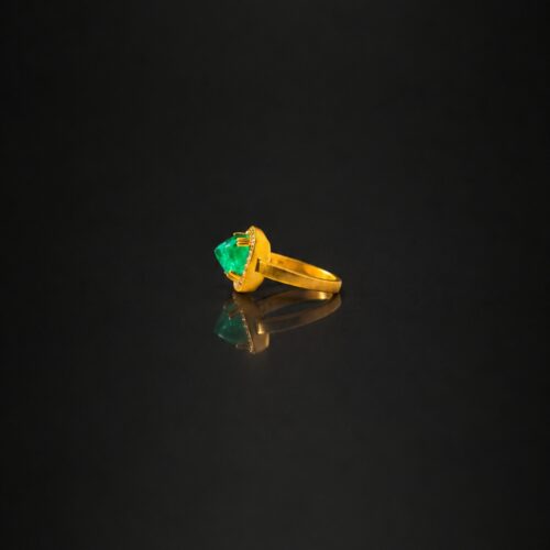 Matte Yellow Gold Prong Setting Zambian Emerald Ring with White Diamond Bezel