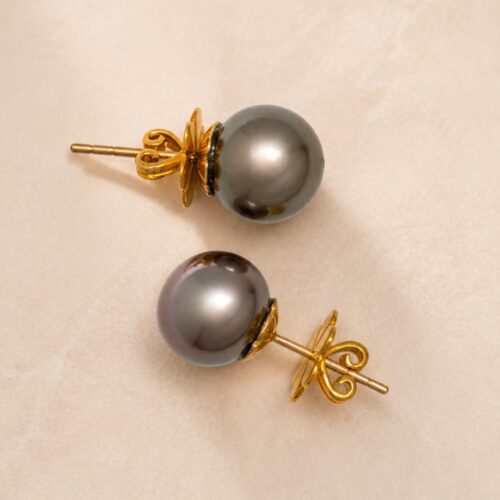 Yellow Gold Tahitian Black Pearl Stud Post Earring