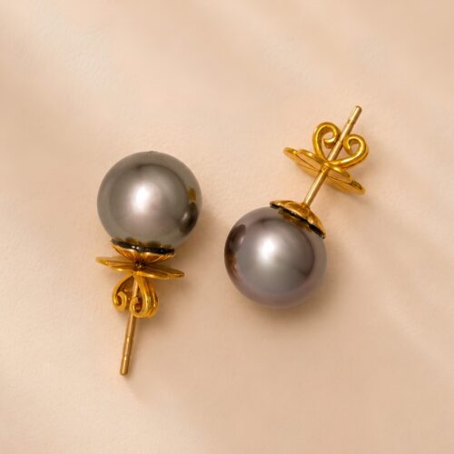 Yellow Gold Tahitian Black Pearl Stud Post Earring