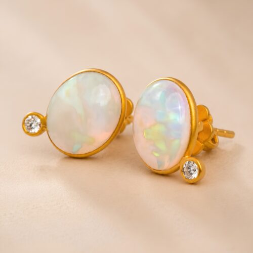 Matte Yellow Gold Ethiopian Opal and White Diamond Bezel Post Earring