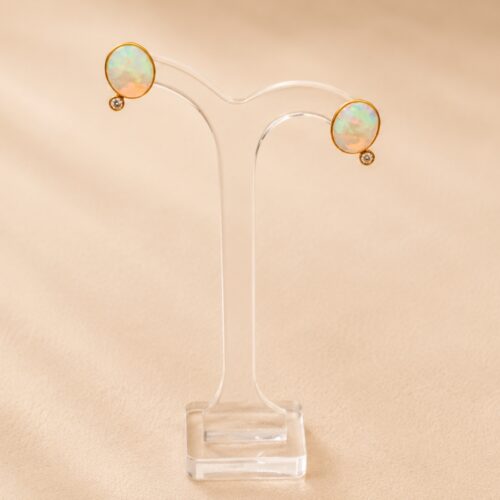 Matte Yellow Gold Ethiopian Opal and White Diamond Bezel Post Earring