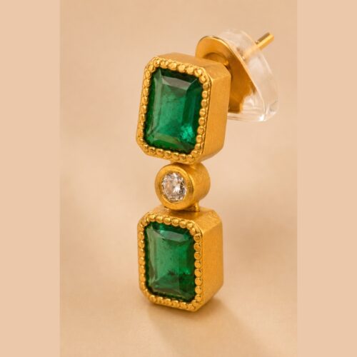 Matte Yellow Gold Beaded Rectangular Bezel Emerald and White Diamond Hanging Post Earring