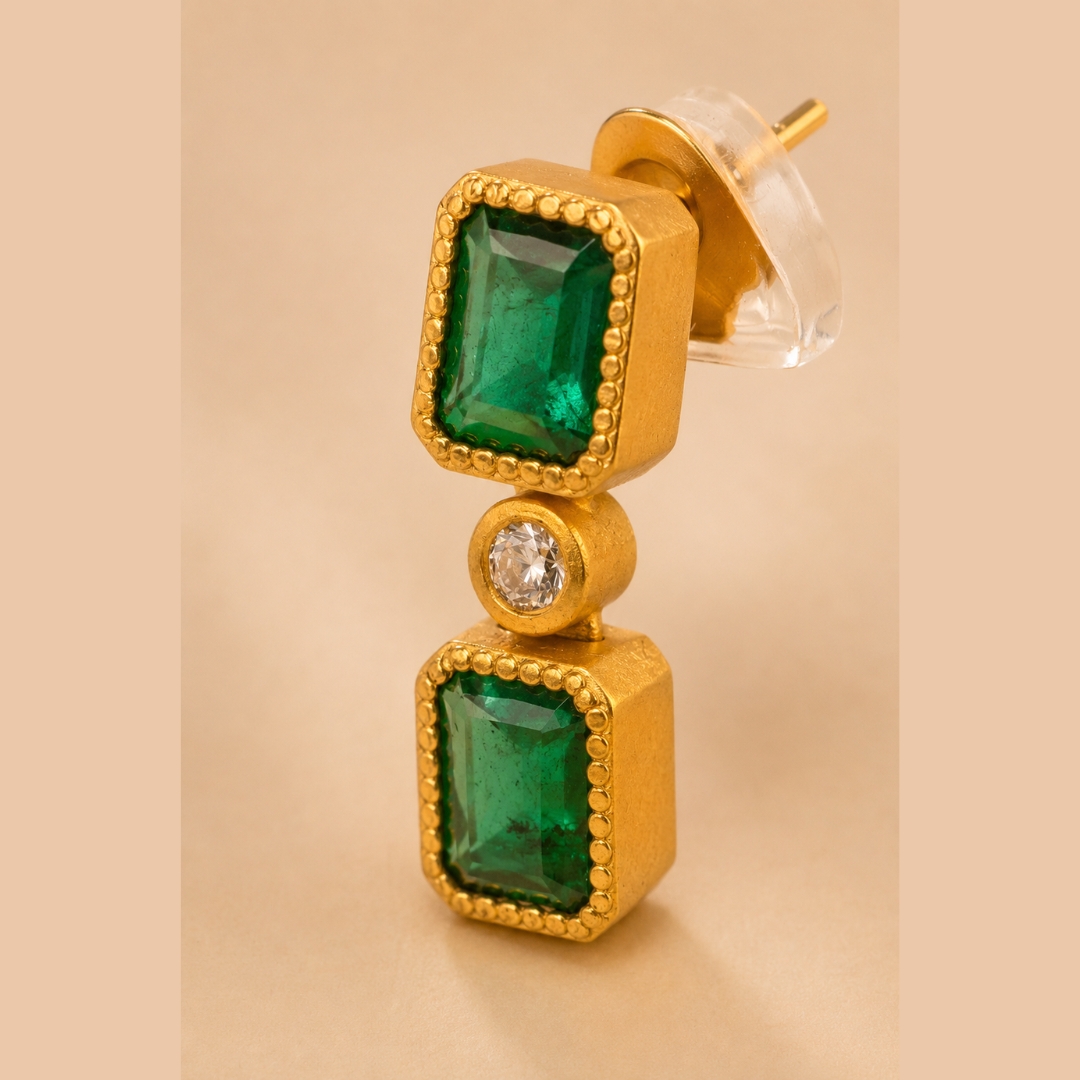 Matte Yellow Gold Beaded Rectangular Bezel Emerald and White Diamond Hanging Post Earring Matte Yellow Gold Beaded Rectangular Bezel Emerald and White Diamond Hanging Post Earring