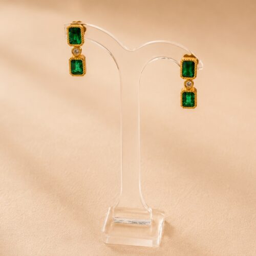 Matte Yellow Gold Beaded Rectangular Bezel Emerald and White Diamond Hanging Post Earring