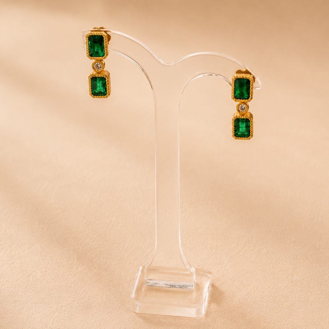Matte Yellow Gold Beaded Rectangular Bezel Emerald and White Diamond Hanging Post Earring Matte Yellow Gold Beaded Rectangular Bezel Emerald and White Diamond Hanging Post Earring