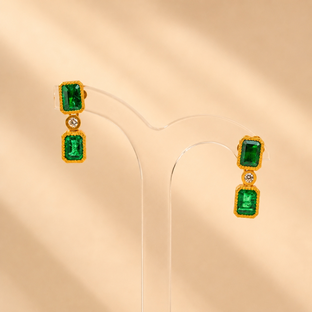 Matte Yellow Gold Beaded Rectangular Bezel Emerald and White Diamond Hanging Post Earring Matte Yellow Gold Beaded Rectangular Bezel Emerald and White Diamond Hanging Post Earring