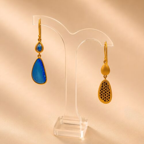 Matte Yellow Gold Australian Opal Moonstone Hanging Hook Earring
