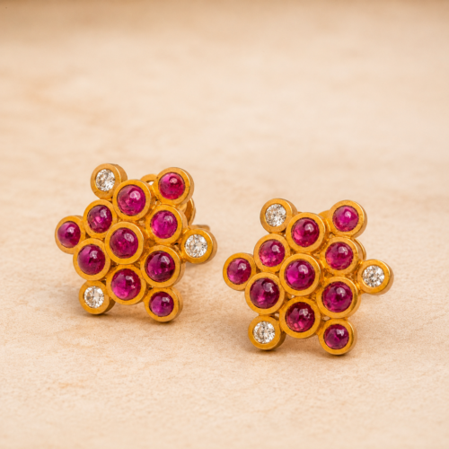 Matte Yellow Gold Ruby White Diamond "Star Cluster" Post Earring