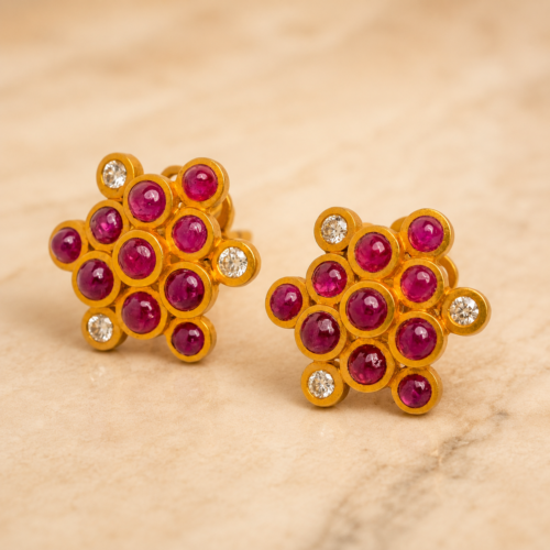 Matte Yellow Gold Ruby White Diamond "Star Cluster" Post Earring
