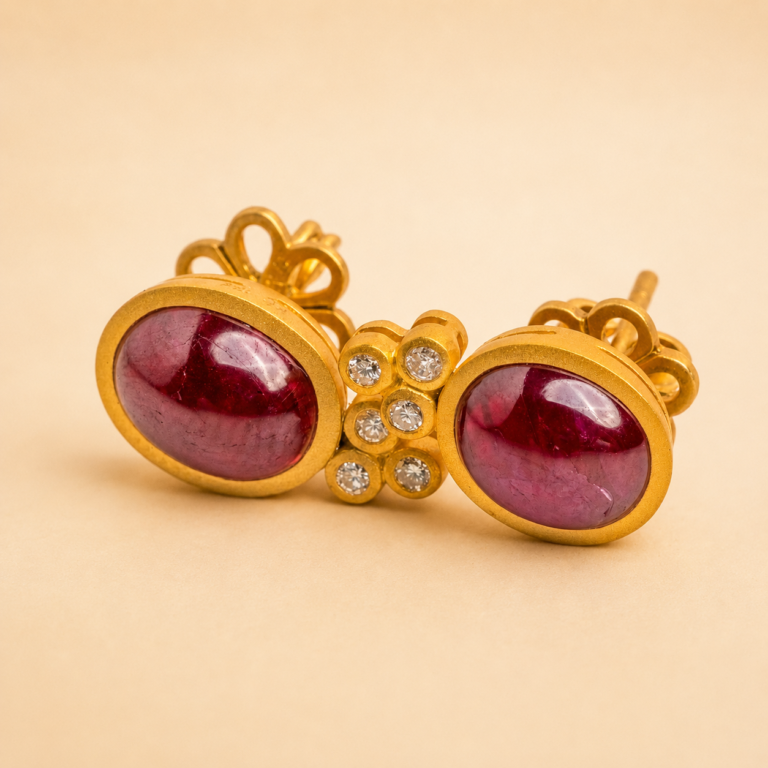 Yellow Gold Burmese Ruby Cabochon and 3 White Diamond Stud Post Earring
