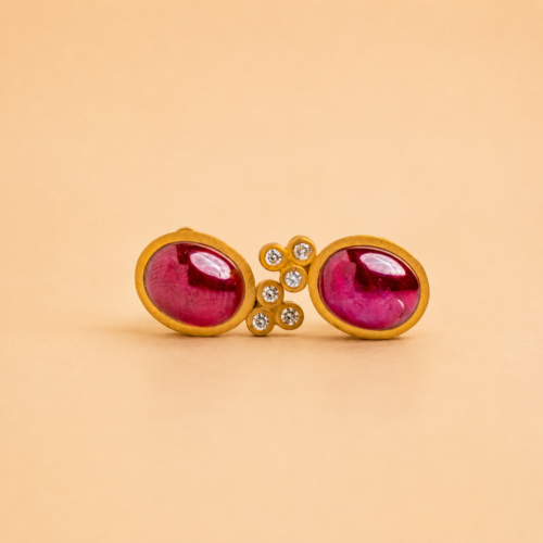 Yellow Gold Burmese Ruby Cabochon and 3 White Diamond Stud Post Earring
