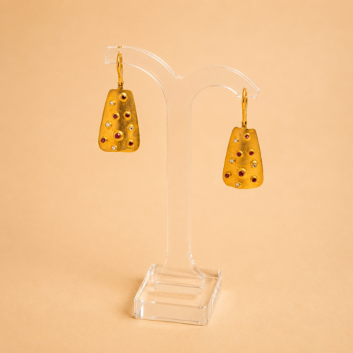 Matte Yellow Gold Ruby White Diamond "Curtain" Hook Earring