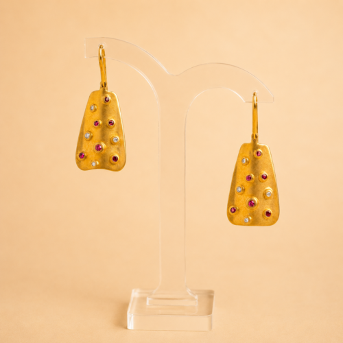 Matte Yellow Gold Ruby White Diamond "Curtain" Hook Earring