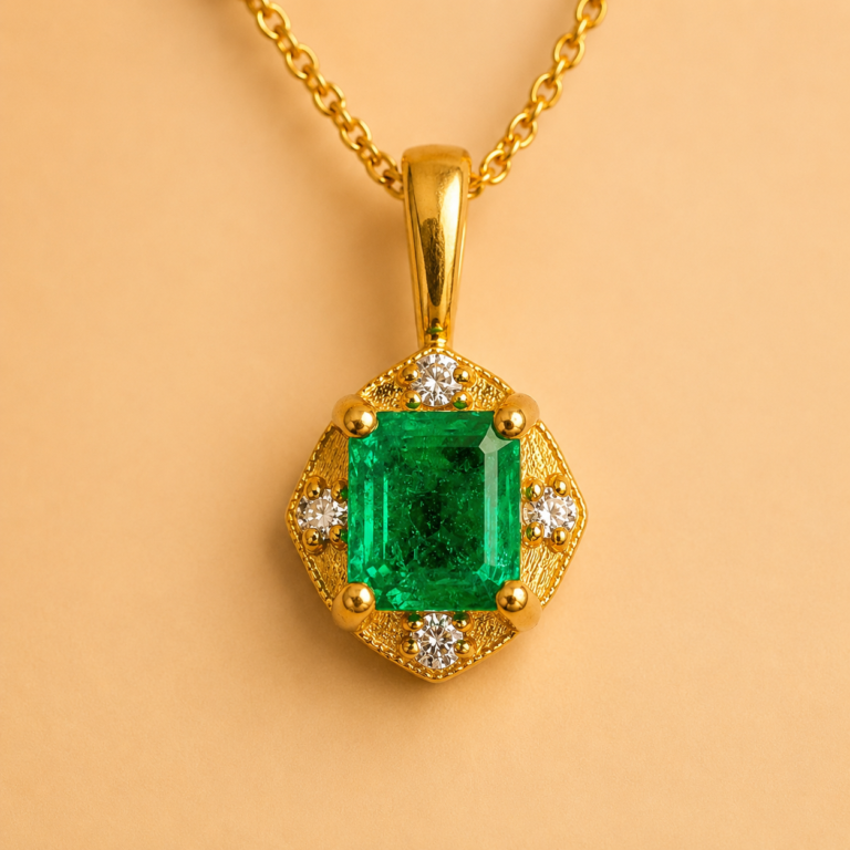 Yellow Gold Emerald and White Diamond "Compass" Pendant