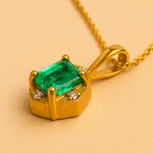 Yellow Gold Emerald and White Diamond "Compass" Pendant