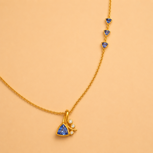 Matte Yellow Gold Tanzanite and White Diamond "Stem" Pendant on Tanzanite Chain