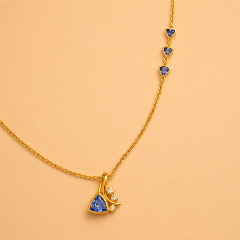 Matte Yellow Gold Tanzanite and White Diamond "Stem" Pendant on Tanzanite Chain