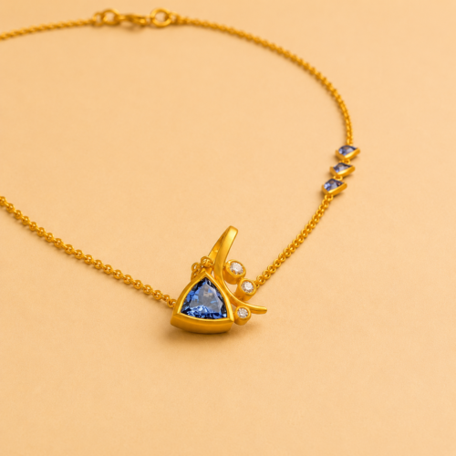 Matte Yellow Gold Tanzanite and White Diamond "Stem" Pendant on Tanzanite Chain