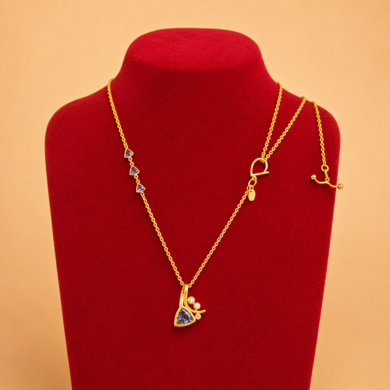Matte Yellow Gold Tanzanite and White Diamond "Stem" Pendant on Tanzanite Chain