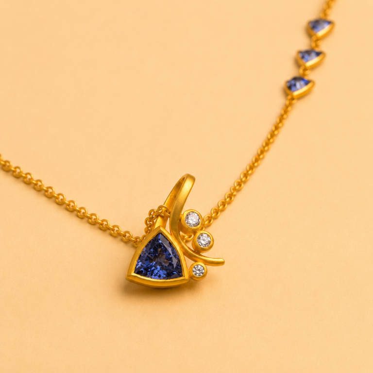 Matte Yellow Gold Tanzanite and White Diamond "Stem" Pendant on Tanzanite Chain