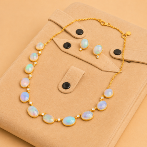 Matte Yellow Gold Opal and White Diamond Chain Necklace
