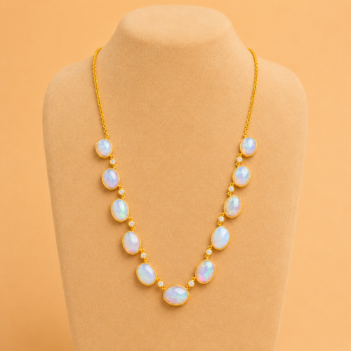 Matte Yellow Gold Opal and White Diamond Chain Necklace