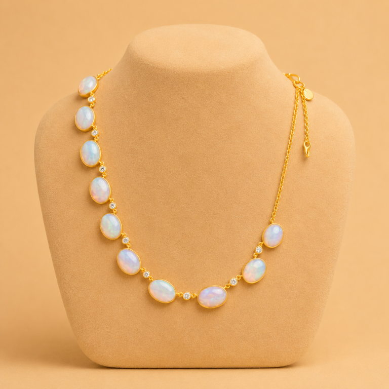 Matte Yellow Gold Opal and White Diamond Chain Necklace