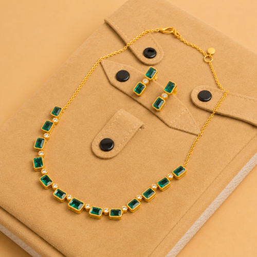 Matte Yellow Gold Beaded Rectangular Bezel Emerald and White Diamond Chain Necklace