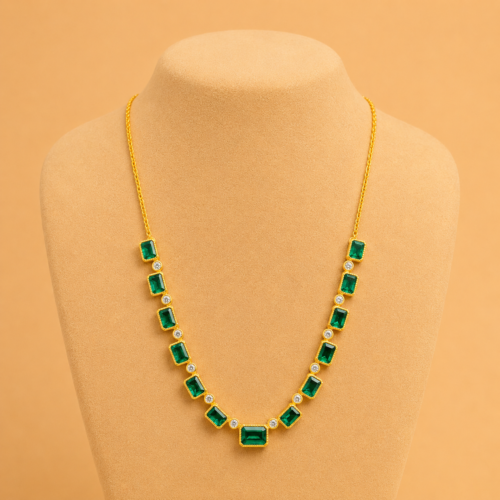 Matte Yellow Gold Beaded Rectangular Bezel Emerald and White Diamond Chain Necklace