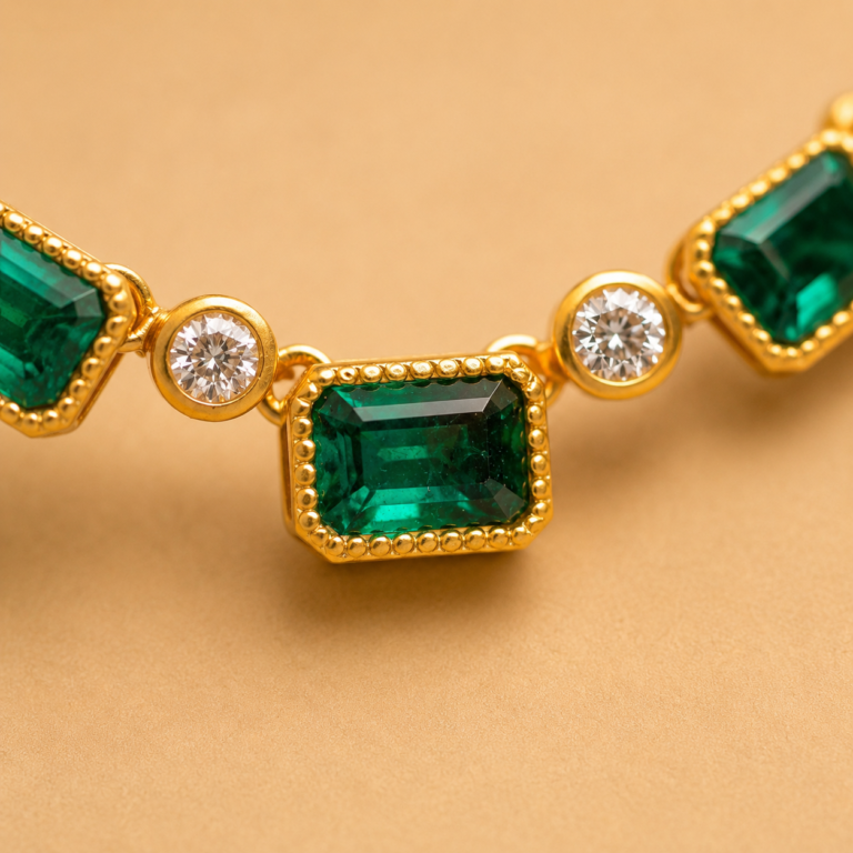 Matte Yellow Gold Beaded Rectangular Bezel Emerald and White Diamond Chain Necklace