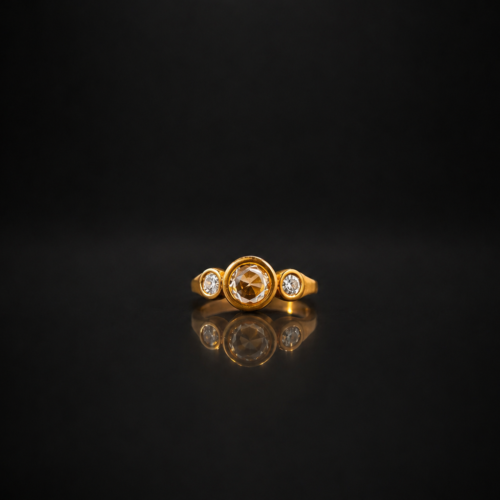 Matte Yellow Gold White Diamond Rose Cut Center Stone Ring