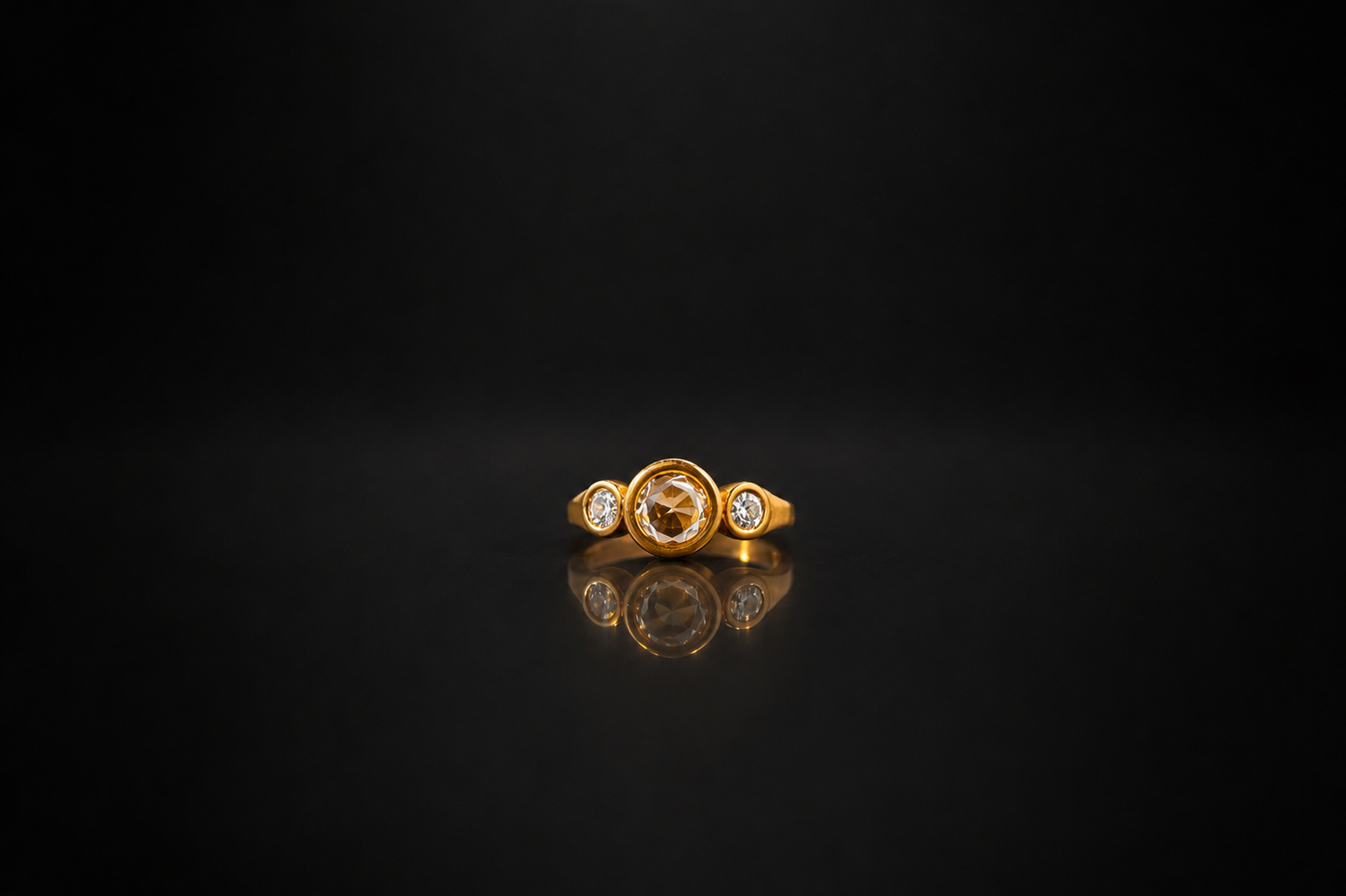 Matte Yellow Gold White Diamond Rose Cut Center Stone Ring