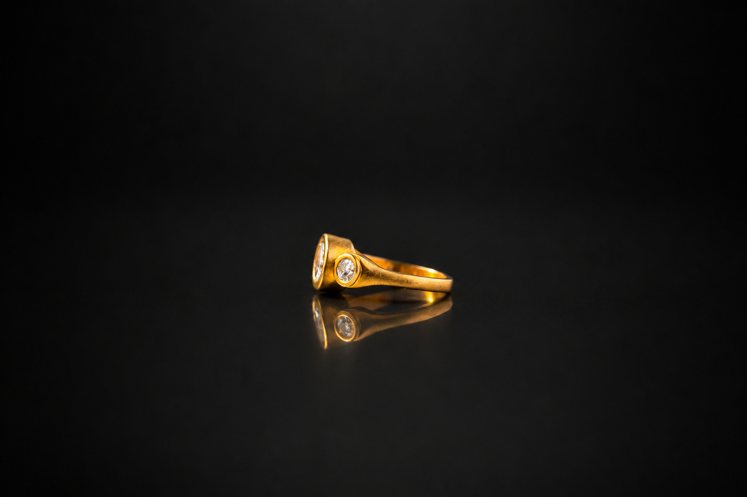 Matte Yellow Gold White Diamond Rose Cut Center Stone Ring