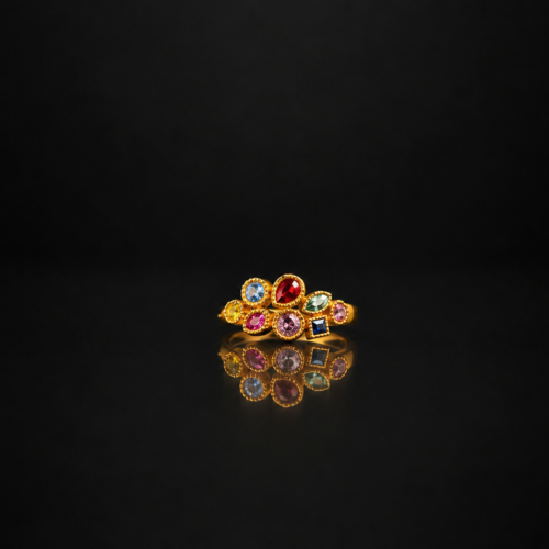 Matte Yellow Gold Multi Color Sapphire Half Crown Ring