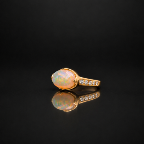 Yellow Gold Claw Setting Ethiopian Opal Cabochon Ring with White Diamond Accents