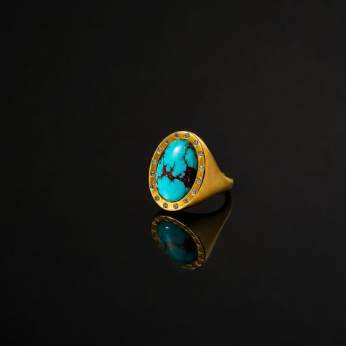 Yellow Gold Turquoise Cabochon Oval Bezel Ring with White Diamond Accents