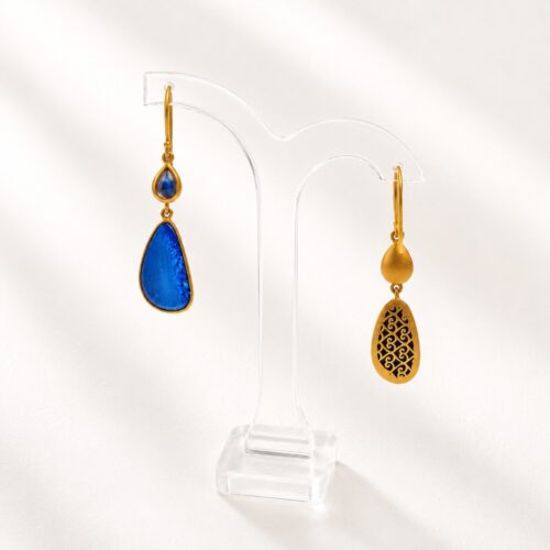 Matte Yellow Gold Australian Opal Moonstone Hanging Hook Earring