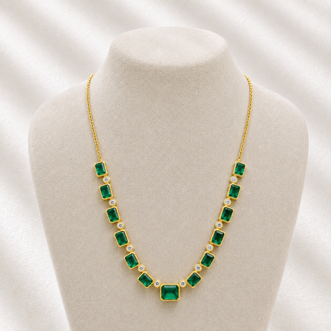 Matte Yellow Gold Beaded Rectangular Bezel Emerald and White Diamond Chain Necklace (2)