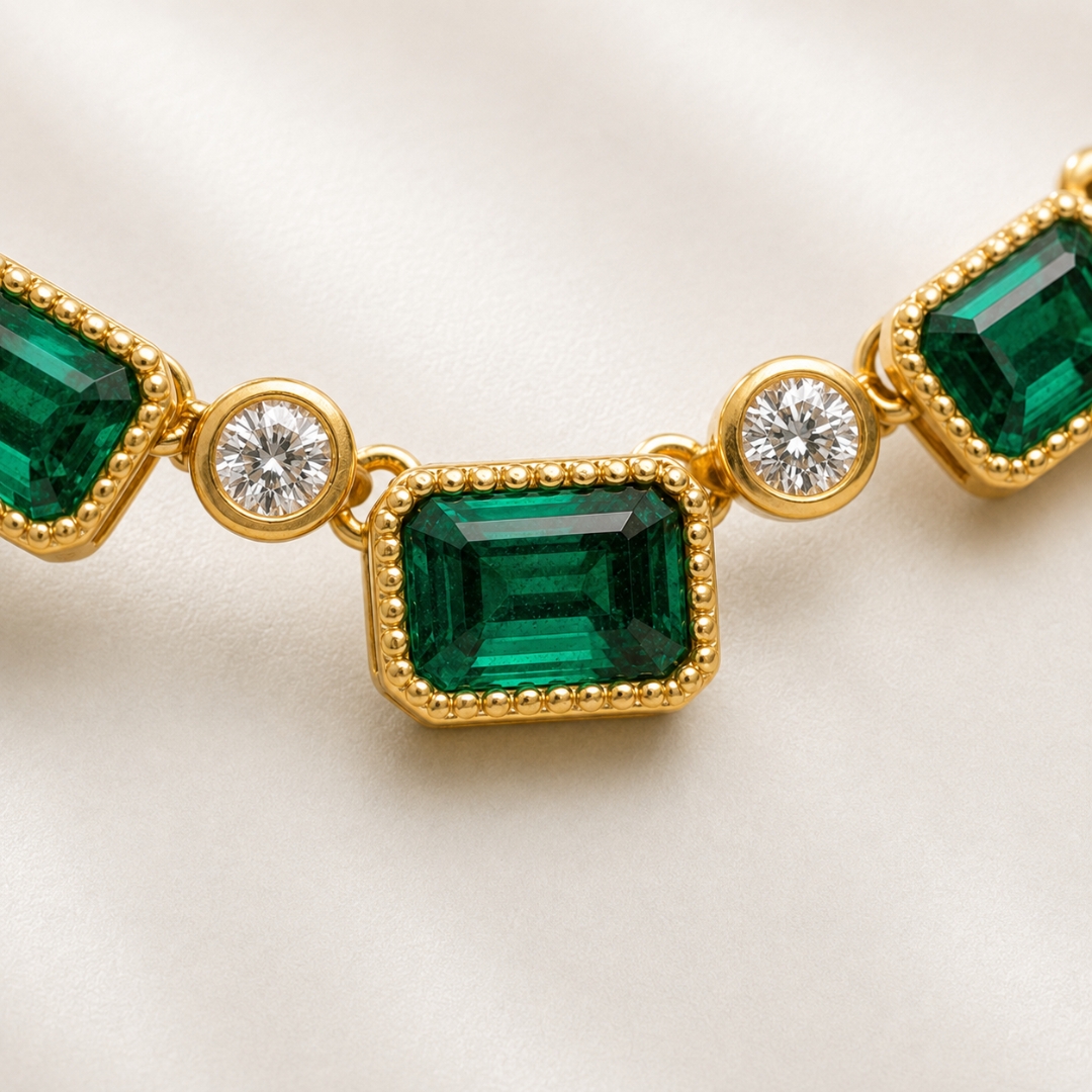 Matte Yellow Gold Beaded Rectangular Bezel Emerald and White Diamond Chain Necklace (3)