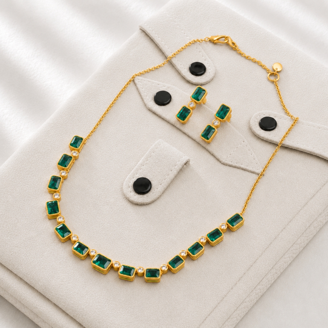 Matte Yellow Gold Beaded Rectangular Bezel Emerald and White Diamond Chain Necklace