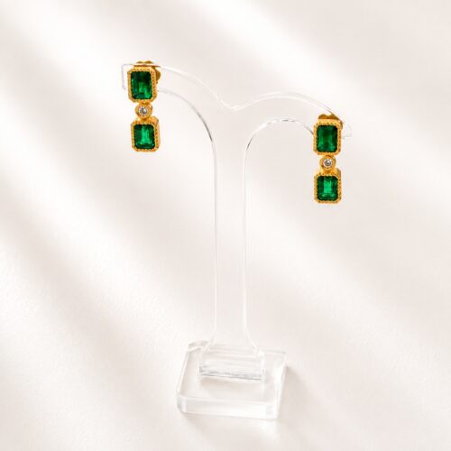 Matte Yellow Gold Beaded Rectangular Bezel Emerald and White Diamond Hanging Post Earring