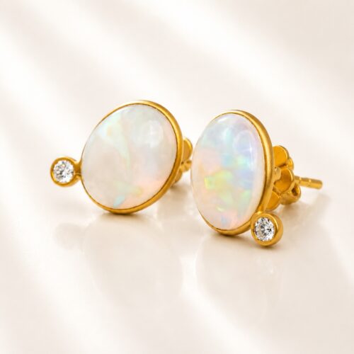 Matte Yellow Gold Ethiopian Opal and White Diamond Bezel Post Earring