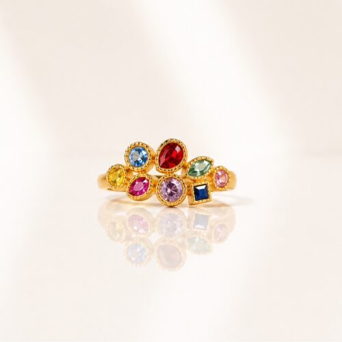 Matte Yellow Gold Multi Color Sapphire Half Crown Ring
