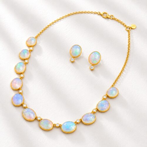 Matte Yellow Gold Opal and White Diamond Chain Necklace