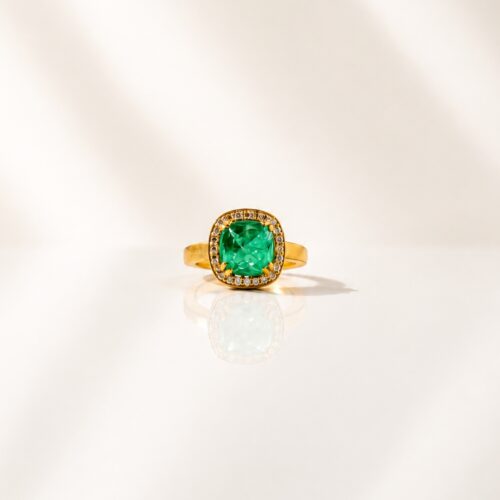 Matte Yellow Gold Prong Setting Zambian Emerald Ring with White Diamond Bezel