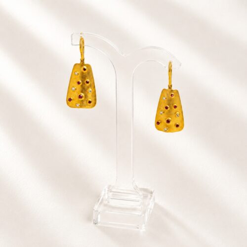 Matte Yellow Gold Ruby White Diamond "Curtain" Hook Earring