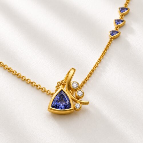 Matte Yellow Gold Tanzanite and White Diamond "Stem" Pendant on Tanzanite Chain