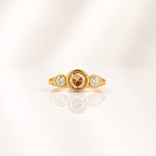 Matte Yellow Gold White Diamond Rose Cut Center Stone Ring