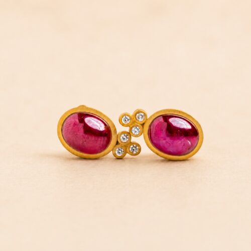 Yellow Gold Burmese Ruby Cabochon and 3 White Diamond Stud Post Earring